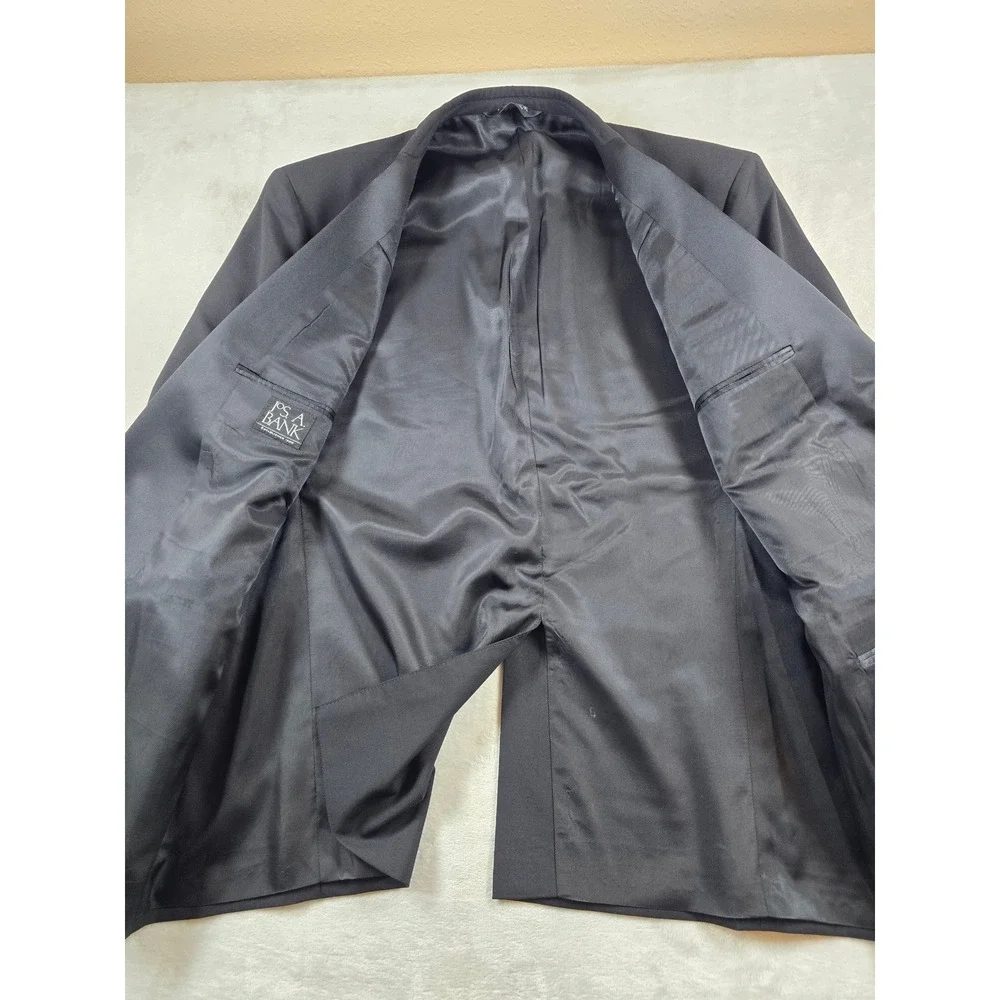 JoS A Bank Tuxedo Suit Men 46R 2 Piece Pants 42x31 Black 100% Wool Peak Lapel